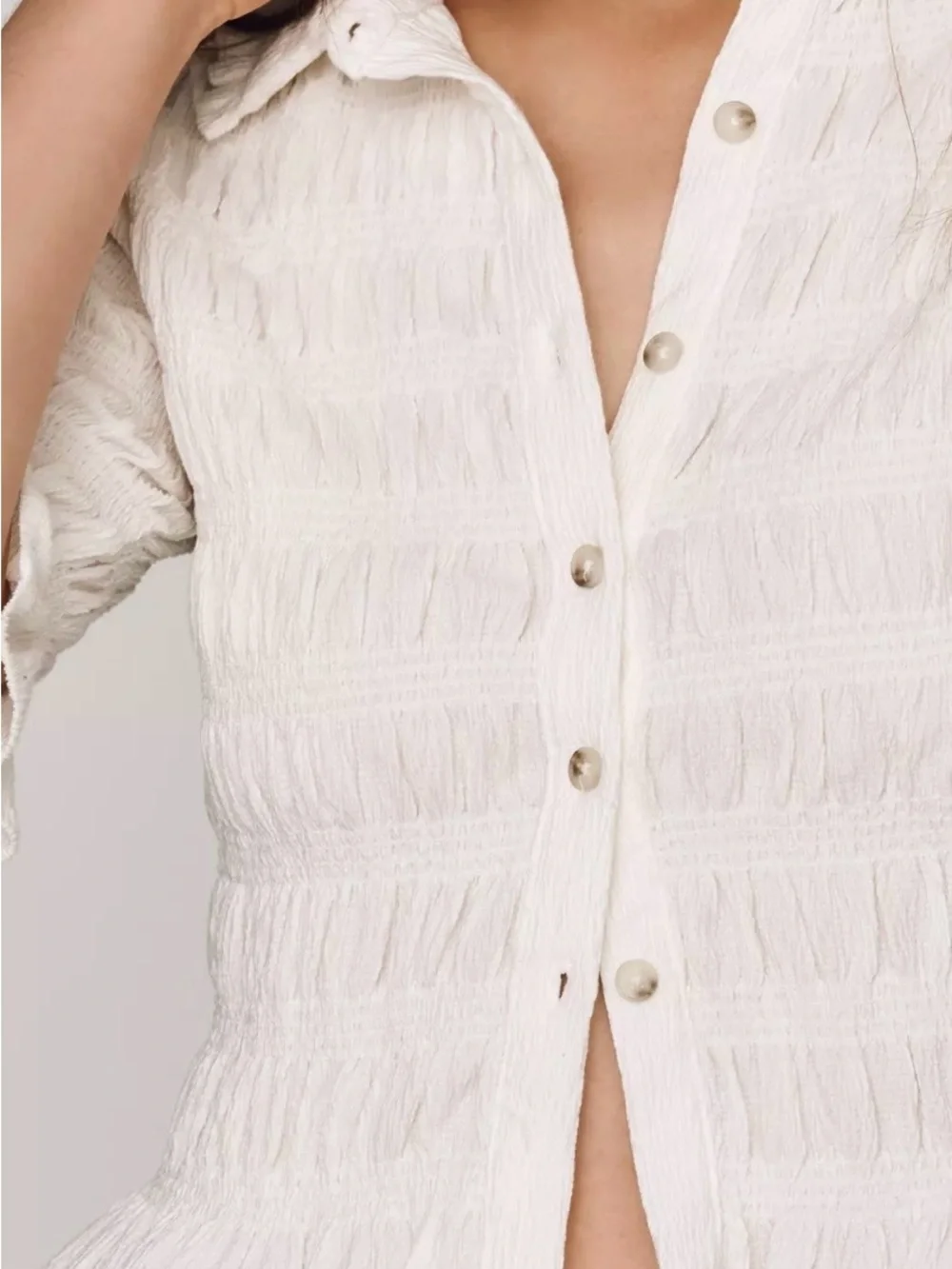 Anthropologie Maeve Off White Smocked Button Blouse